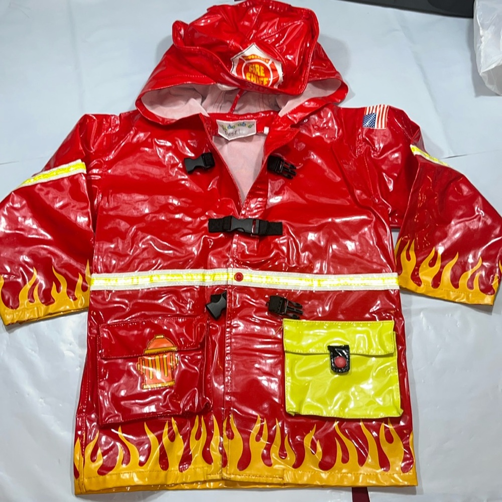 FIREMAN RED Coat FIRE FIGHTER chief yellow FLAME JACKET HELMET HOOD SIZE SZ 4/5